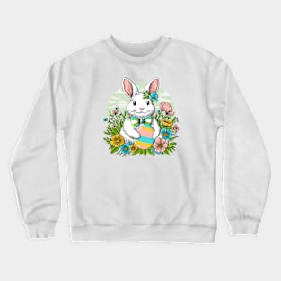 Easter bunny illustration with egg and flowers Crewneck Sweatshirt